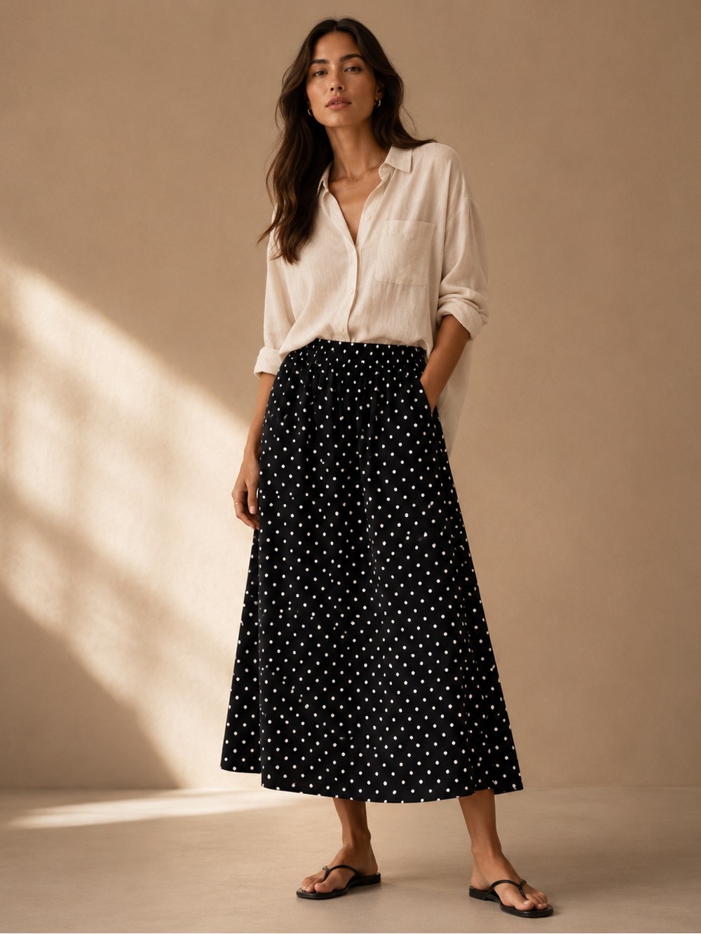 Pomigranite Black White Polka Dot Midi Skirt NWT Large